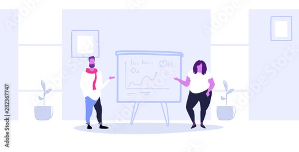 Fototapeta businesspeople presenting report on flip chart board business man woman couple pointing on financial graph coworkers explaining new strategy presentation concept sketch horizontal full length