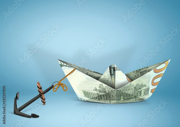 Fototapeta finance concept, ship made of money with anchor, copy space