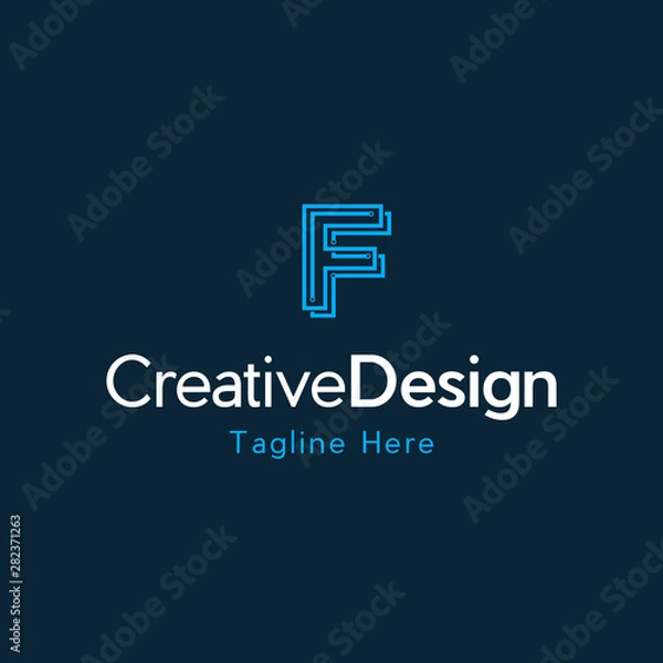 Fototapeta Letter F Circuit Line Logo Design, Modern Initial Letter F with digital wire link for futuristic internet connection logo design