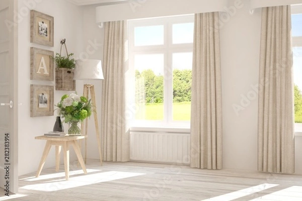 Fototapeta Stylish empty room in white color with summer landscape in window. Scandinavian interior design. 3D illustration