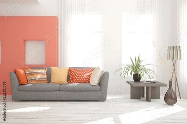 Fototapeta Stylish room in white color with sofa. Scandinavian interior design. 3D illustration
