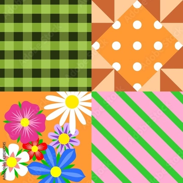 Fototapeta Bright patchwork with floral and geometric patterns. Vector design.