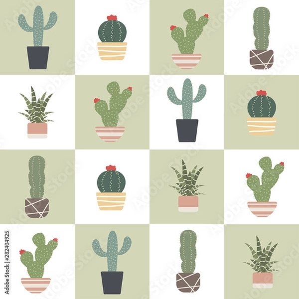 Fototapeta Cute cactus on green and white background seamless pattern