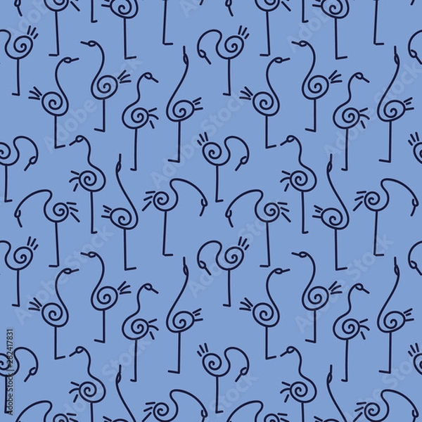 Fototapeta A seamless vector pattern withsimply drawn stylized birds in blue colors. Surface print design.