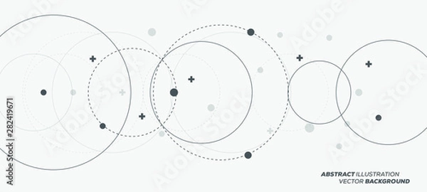 Fototapeta Abstract vector illustration with overlapping circles, dots and dashed circles. Science and connection concept. Wide molecule structure background.