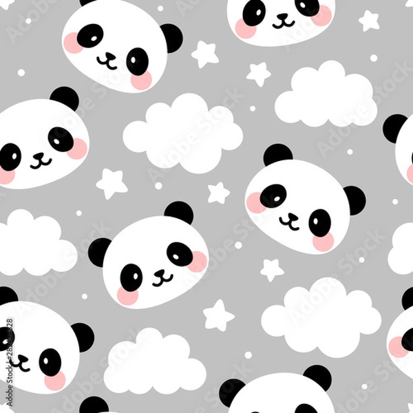 Fototapeta Panda seamless pattern background, happy cute panda in the sky with cloud moon and star, cartoon panda vector illustration for kids nordic background with stars dot, Scandinavian style baby bedroom
