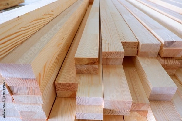 Fototapeta Glued pine timber beams for wooden windows closeup