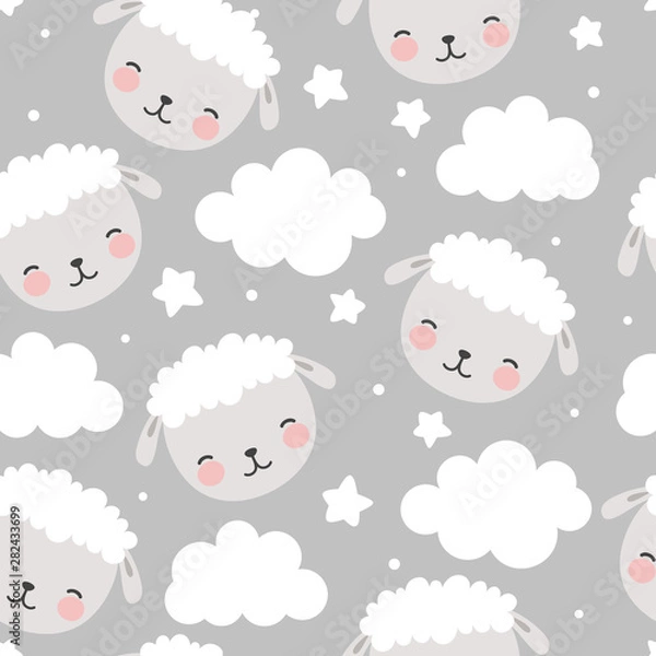 Fototapeta Sheep Seamless Pattern with clouds and stars, Cute Cartoon Animal Background, Illustration Vector