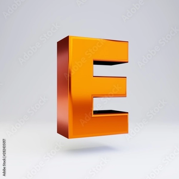 Fototapeta 3d letter E uppercase. Hot orange metallic font with glossy reflections and shadow isolated on white background.