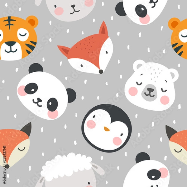 Fototapeta panda bear fox tiger sheep and penguin seamless pattern background, vector illustration, animal cartoon pattern