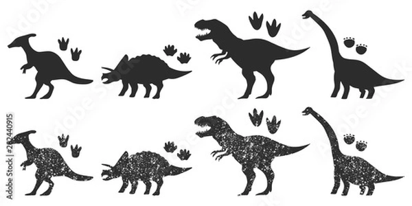 Fototapeta Dinozaury i ślady czarny sylwetka wektor zestaw na białym tle na białym tle.