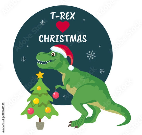 Fototapeta Tyrannosaurus Rex Christmas Card. Dinosaur in Santa hat decorates Christmas tree. Vector illustration of funny character in cartoon flat style.