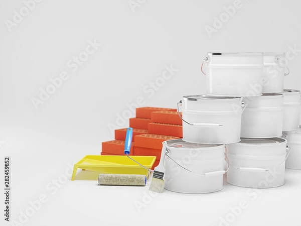 Obraz Construction materials isolated on white. Paint bucket, bricks, brush. Copy space. 3D illustration