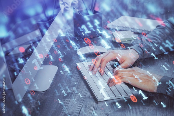 Fototapeta Double exposure of tech drawings with hands working on computer background. Concept of innovation.