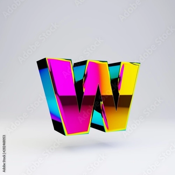 Fototapeta Holographic 3d letter W lowercase. Glossy font with multicolor reflections and shadow isolated on white background.