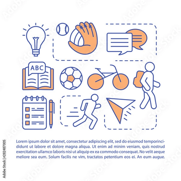 Obraz After school program article page vector template. Kids leisure and entertainment. Brochure, magazine, booklet design element with linear icons and text boxes. Print design. Concept illustrations