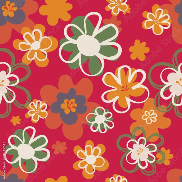 Fototapeta Pretty floral seventies seamless pattern in red, orange and green. Layered  flower blooms in a lively all over print. Great for textiles, home decor, stationery, paper goods and fashion use. Vector.