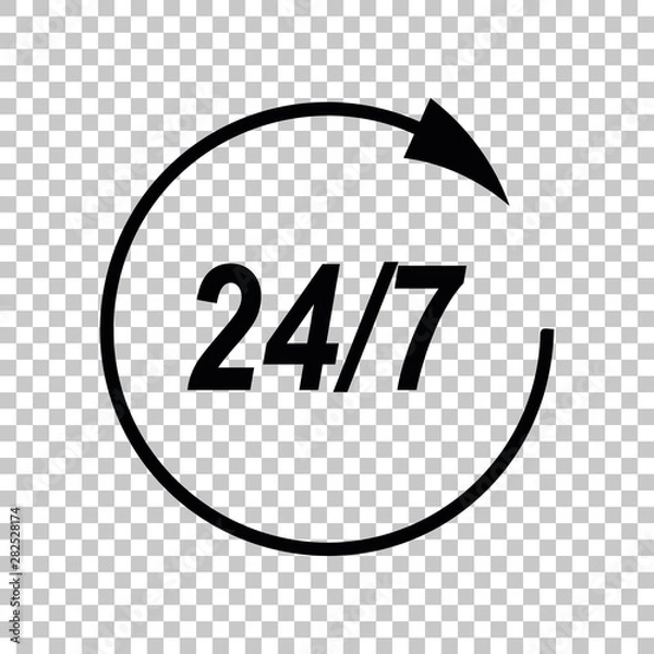 Fototapeta Support 24 hours sign. Black icon on transparent background. Illustration.