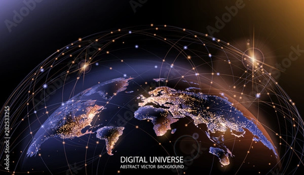 Fototapeta Vector. Planet Earth from space. Flickering lights of cities. Map of the mainland. Global communications system and the World Wide Web. Technologies and communications. Globalization. Luminous sphere.