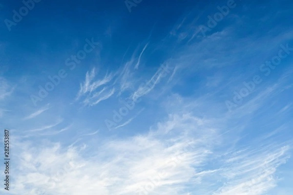 Fototapeta Dramatic unusual radiation explosion shaped clouds on tropical summer blue sky background. White wispy fluffy cloud with circus formation on tropical summer island sky in early sunlight morning 
