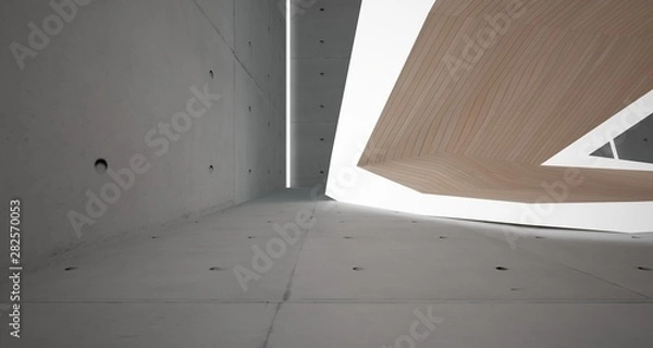 Fototapeta Abstract  concrete, glass and wood interior  with neon lighting. 3D illustration and rendering.