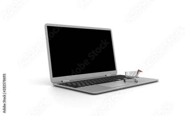 Fototapeta Shoping cart 3d render. Blue  background. Modern store. Blue shoping cart. Online shoping. Sale. Buying and selling concept.