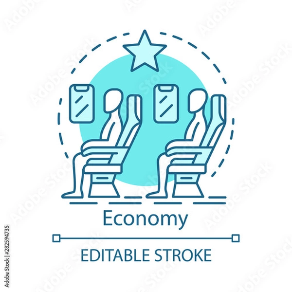 Fototapeta Economy class concept icon. Airplane cabin idea thin line illustration. Passengers sitting at plane salon. Flight in economy, low cost class. Vector isolated outline drawing. Editable stroke