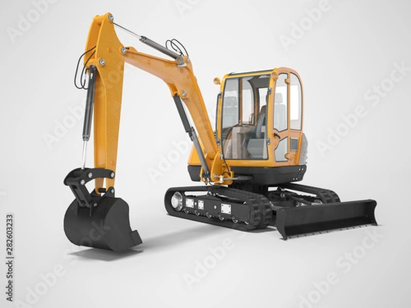 Fototapeta Orange mini excavator with hydraulic mechlopata with leveling bucket in motion 3d render on gray background with shadow