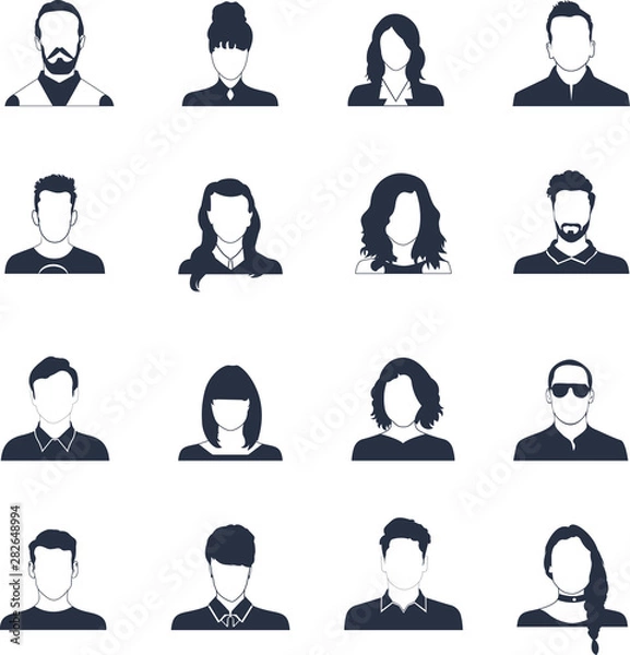 Obraz Big set of hand drawn Avatar profile icon (or portrait icon), including male and female.Modern user flat avatar icon, sign, profile people symbol