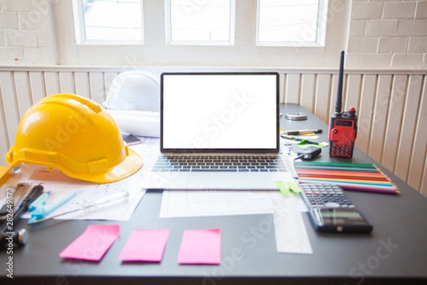 Fototapeta Concept Architect  and desk of Architectural project in construction site or office building with mining light