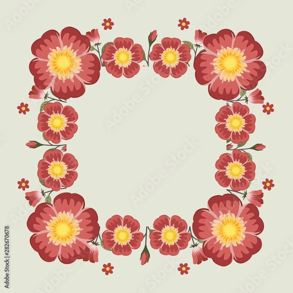 Fototapeta Floral greeting card and invitation template for wedding or birthday, Vector square shape of text box label and frame, Red rosa gallica flowers wreath ivy style with branch and leaves.