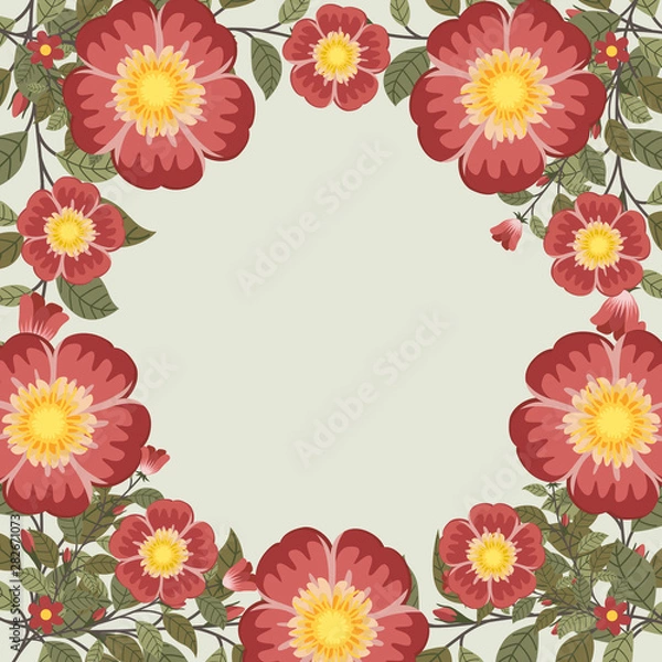 Fototapeta Floral greeting card and invitation template for wedding or birthday, Vector circle shape of text box label and frame, Red rosa gallica flowers wreath ivy style with branch and leaves.