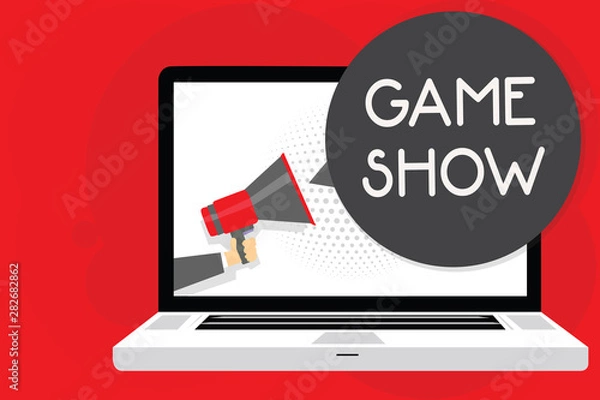 Fototapeta Handwriting text writing Game Show. Concept meaning Program in television or radio with players that win prizes Man holding Megaphone loudspeaker computer screen talking speech bubble