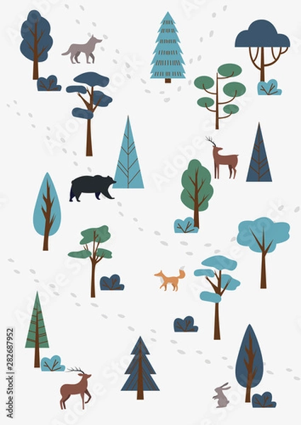 Fototapeta Cute forest background. Tiny trees and footprints, animals, deer, bear, hare, wolf and fox. Flat vector illustration