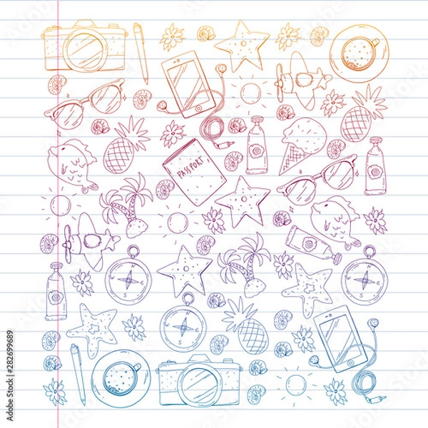 Fototapeta Travel vector pattern. Adventure, beach, tropical design.