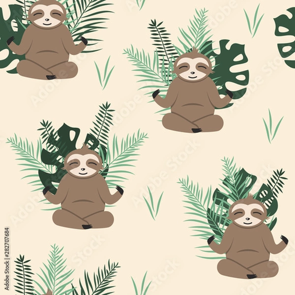 Obraz Seamless repeat pattern with a cute happy sloth meditating with green tropical leaves in the background.