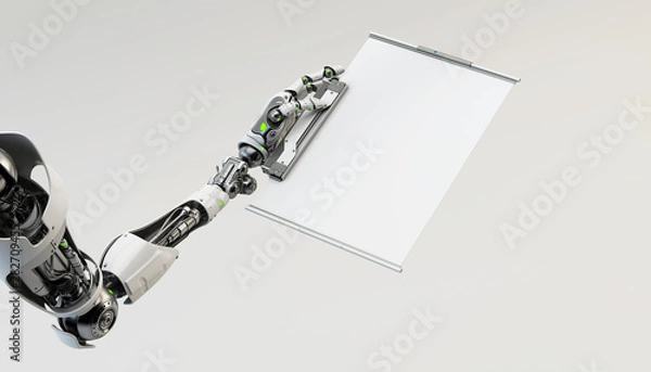 Obraz Artificial robotic arm holding blank sci-fi tablet, 3d rendering
