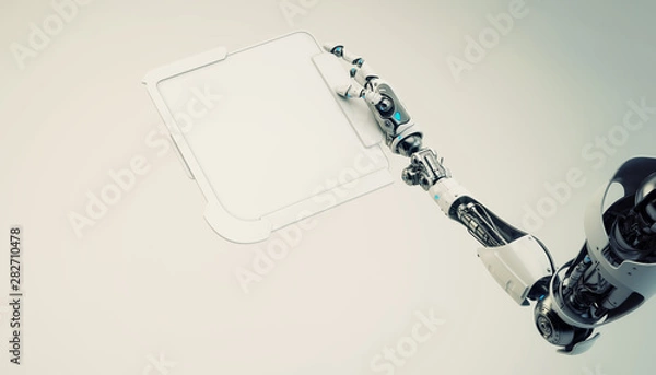 Obraz Artificial robotic arm holding blank sci-fi tablet, 3d rendering