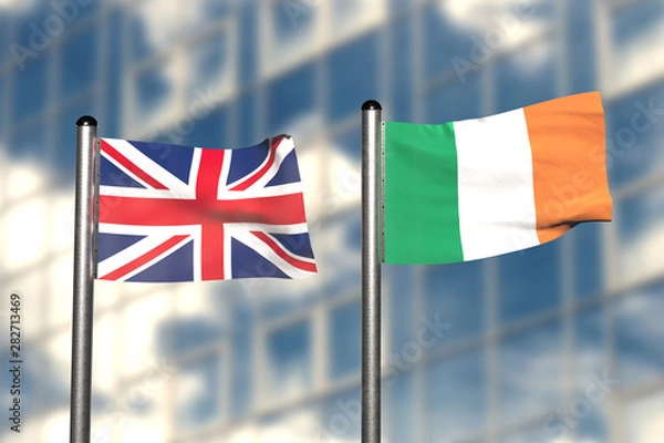 Fototapeta 3d render of an flag of Great Britain and Ireland, in front of an blurry background, with a steel flagpole