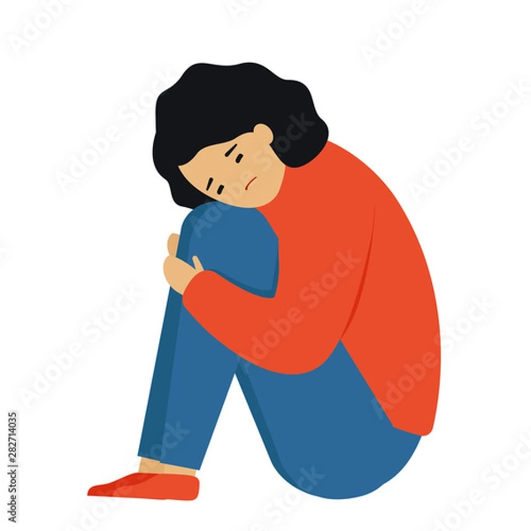 Obraz The sad girl sits with her head in her lap. The lone woman shrank in fear