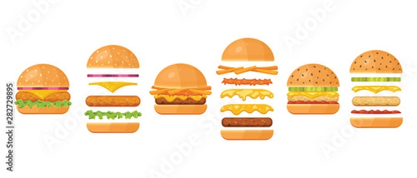 Fototapeta Vector ingredients for classic burger isolated on white. Ingredients: bun, cutlet, cheese, bacon, sauce, buns, tomato, onion, cucumbers, beefs ham. Fast food ingredient for burgers.