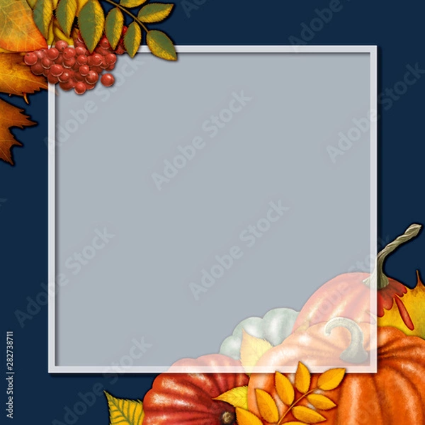 Fototapeta square frame decorated with autumn leaves and pumpkin harvest on dark blue background