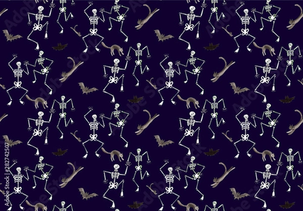 Fototapeta Halloween seamless pattern. Funny skeleton dancing with cats and bats. Watercolor hand drawn illustration on dark blue background. For card, invitations, package, textile and holiday design.