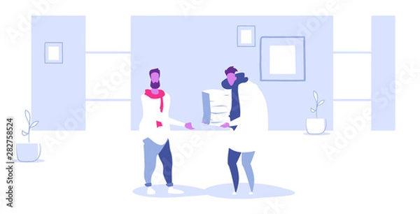 Fototapeta businessman boss carrying stack of paper documents to overworked business man employee paperwork deadline concept modern office interior sketch doodle horizontal full length