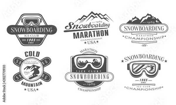 Obraz Snowboarding Championship, Marathon Retro Logo Templates Set, Cold Snowing Mountain Vintage Monochrome Labels Vector Illustration