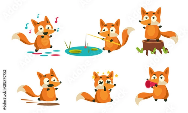 Fototapeta Cute Little Fox Doing Different Activities Set, Adorable Animal Character Fishing, Dancing, Running, Dying Vector Illustration