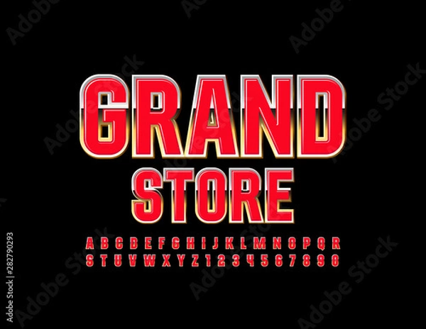 Fototapeta Vector elite banner Grand Store. Elegant Uppercase Font. Red and Golden Alphabet Letters and Numbers