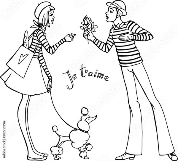 Obraz Vector hand drawn illustraton . Girl, boy, rose, poodle, franch style, love in Paris. Line art. Black and white.
