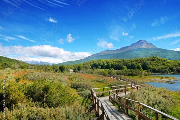 Fototapeta Panoramic view of Tierra del Fuego National Park, showing mountains surrounded by green vegetation and water, against a blue sky.