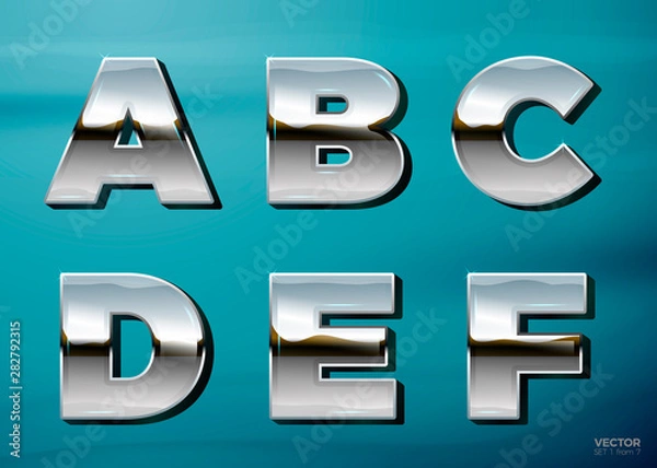 Fototapeta Vector realistic chrome letters with landscape relection, on a bright blue car background. A, B, C, D, E, F. Set 1 from 7, search others in portfolio.